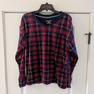 Nautica Women's Red and Blue Plaid Long Sleeve Sleep Shirt, Size M